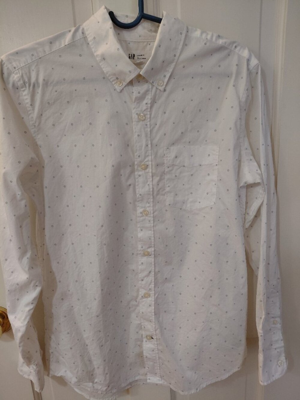 GAP long-sleeved, button-down, white with pattern